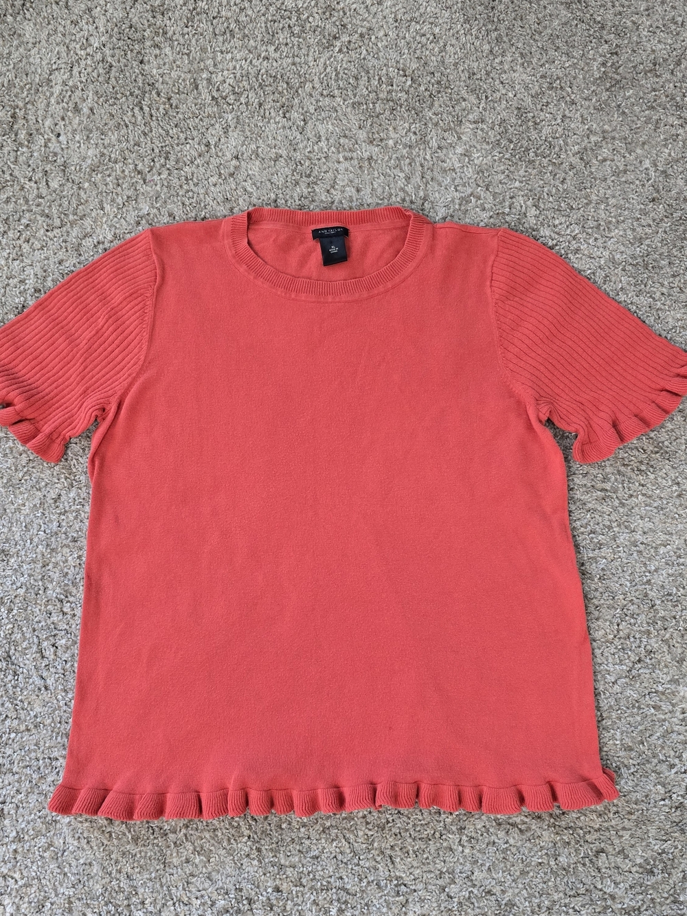 Ann Taylor Womens 100% Cotton Coral Ribbed Knit Crew Neck Ruffle Trim Sweater XL